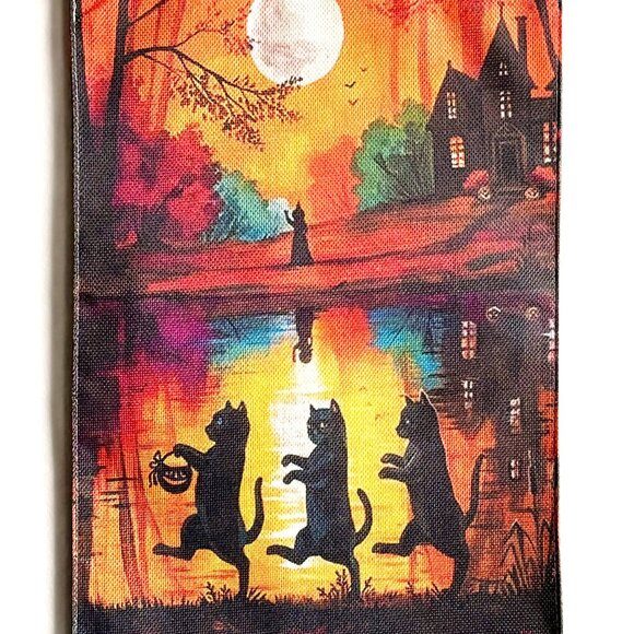 Other - Durable Burlap Colorful Halloween Spooky Black Cats Witch Full Moon Flag Hanging